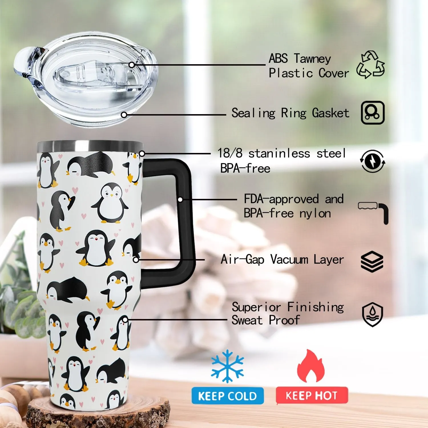 Ceovfoi 40 Oz Penguin Tumbler With Handle, Coffee Travel Mug Cup Water Bottle, Penguin Decor and Gifts for Women
