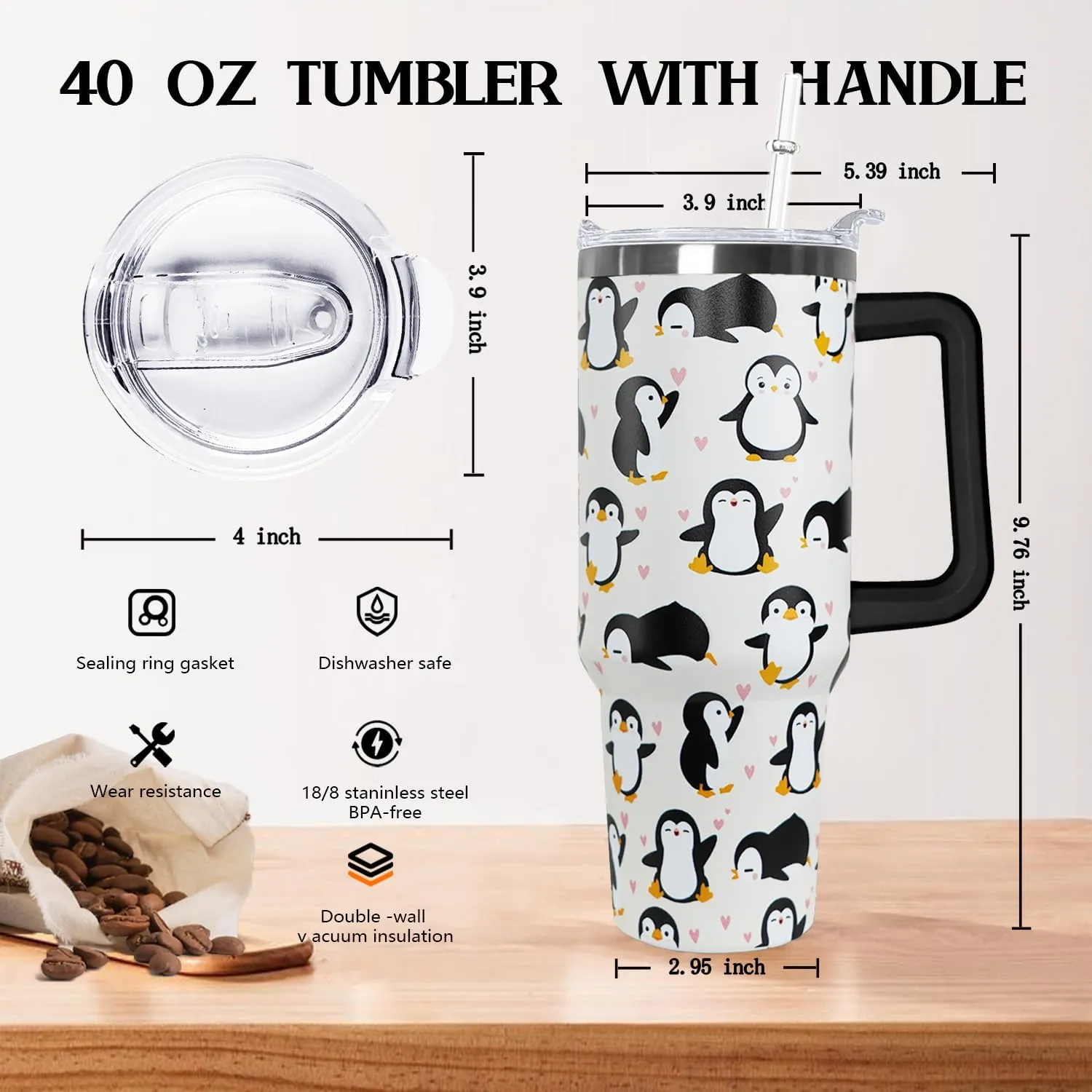 Ceovfoi 40 Oz Penguin Tumbler With Handle, Coffee Travel Mug Cup Water Bottle, Penguin Decor and Gifts for Women