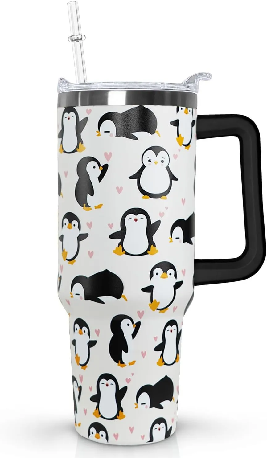 Ceovfoi 40 Oz Penguin Tumbler With Handle, Coffee Travel Mug Cup Water Bottle, Penguin Decor and Gifts for Women