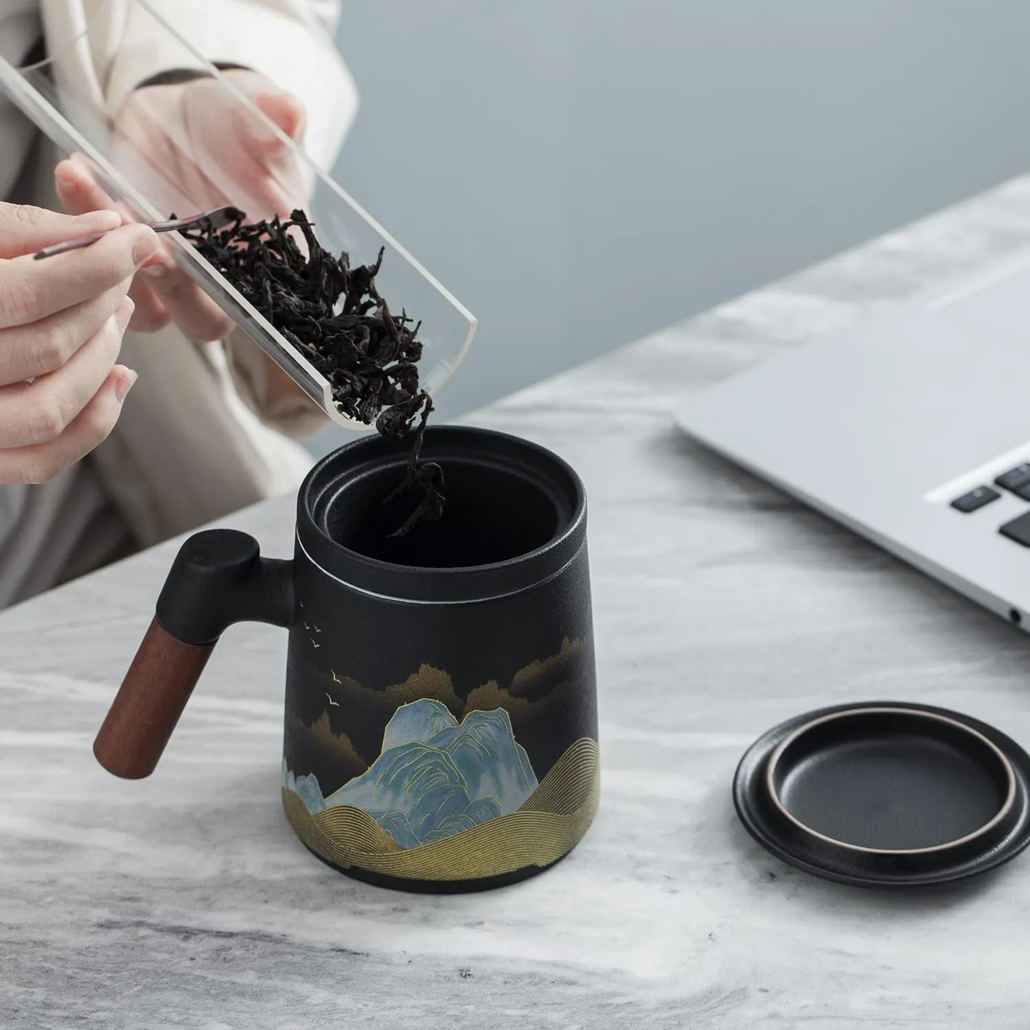 Ceramic Tea Mug with Infuser and Lid Tea Cup Moon Deer Mountain Creative Embossed Design Coffee Mug with Strainer and Wooden Handle 13.5oz (Black Pattern)