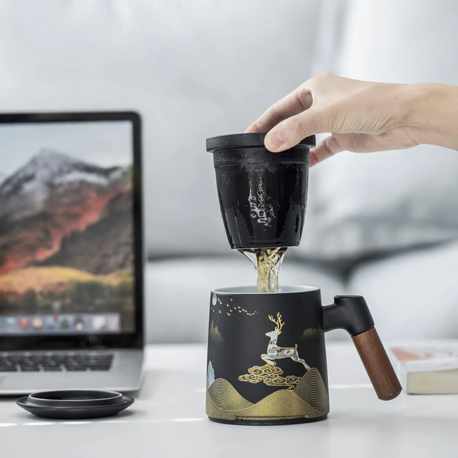 Ceramic Tea Mug with Infuser and Lid Tea Cup Moon Deer Mountain Creative Embossed Design Coffee Mug with Strainer and Wooden Handle 13.5oz (Black Pattern)