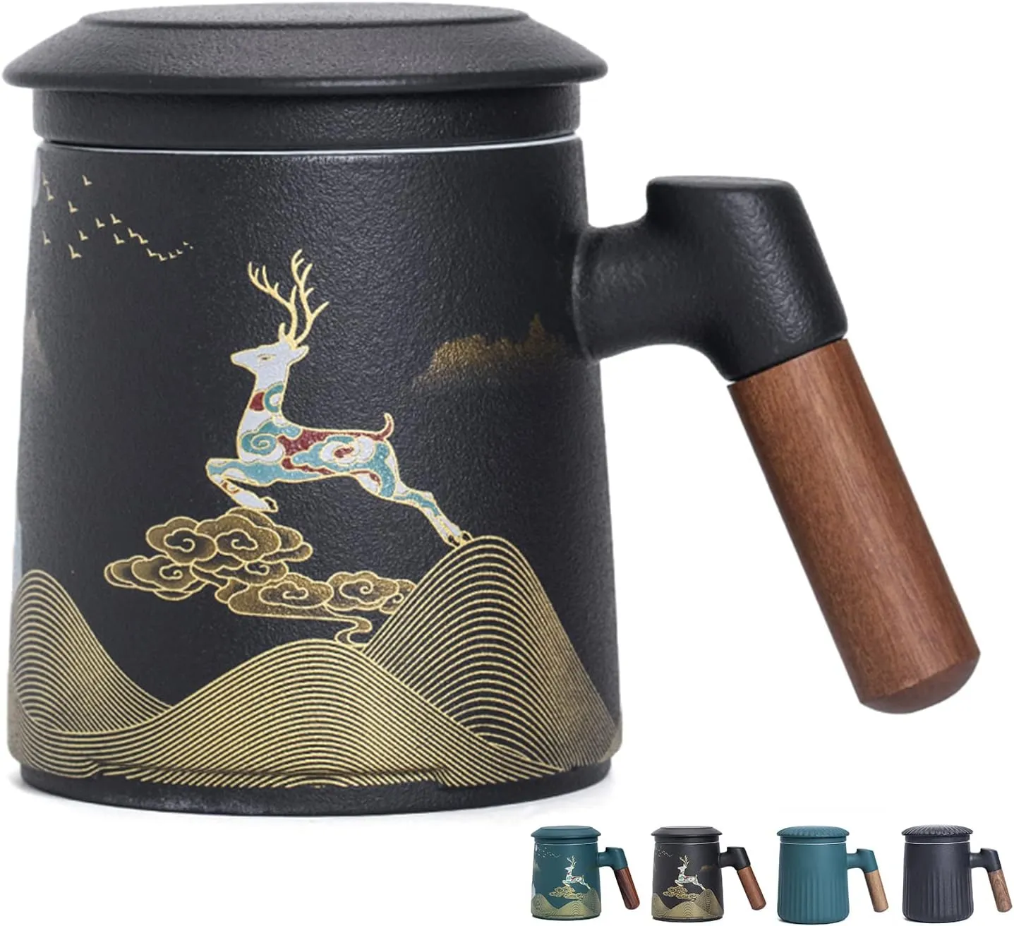 Ceramic Tea Mug with Infuser and Lid Tea Cup Moon Deer Mountain Creative Embossed Design Coffee Mug with Strainer and Wooden Handle 13.5oz (Black Pattern)