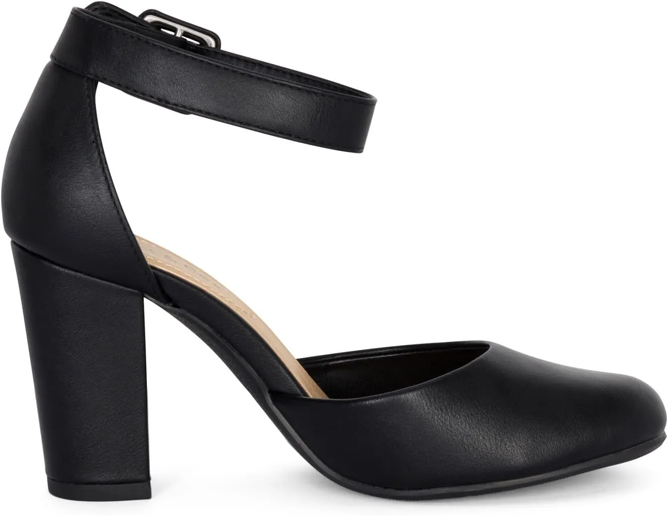 Chariot & Co Posh Women's Ankle Strap Block Heel Dress Shoes – Closed Toe Vegan Leather in Black PU and NBPU