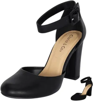 Chariot & Co Posh Women's Ankle Strap Block Heel Dress Shoes – Closed Toe Vegan Leather in Black PU and NBPU