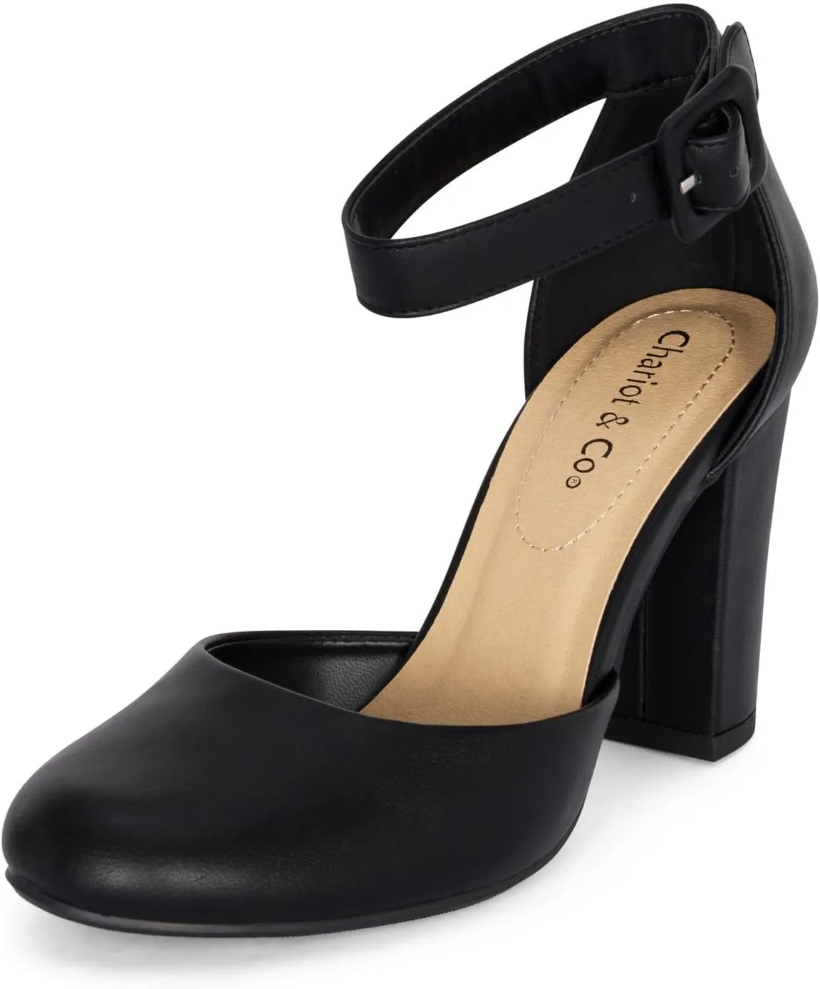 Chariot & Co Posh Women's Ankle Strap Block Heel Dress Shoes – Closed Toe Vegan Leather in Black PU and NBPU