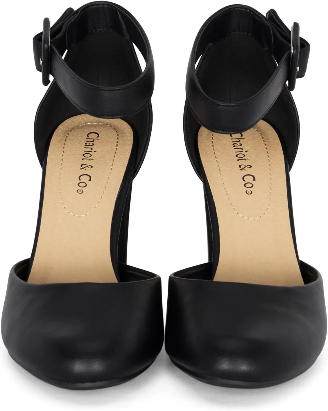 Chariot & Co Posh Women's Ankle Strap Block Heel Dress Shoes – Closed Toe Vegan Leather in Black PU and NBPU