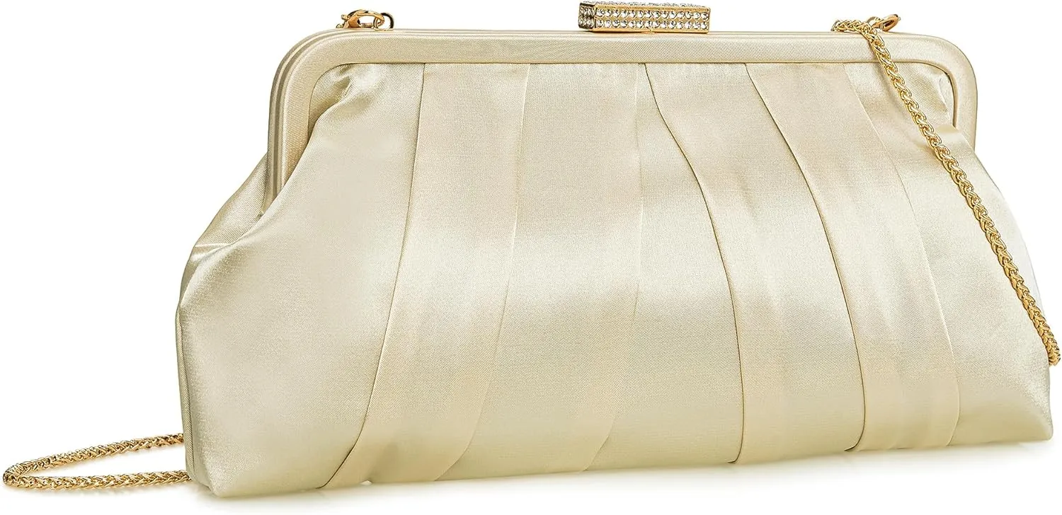 CHARMING TAILOR Classic Pleated Satin Clutch Bag Diamante Embellished Formal Handbag for Wedding/Prom/Black-Tie Events