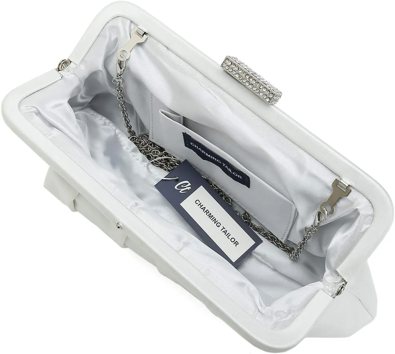 CHARMING TAILOR Classic Pleated Satin Clutch Bag Diamante Embellished Formal Handbag for Wedding/Prom/Black-Tie Events