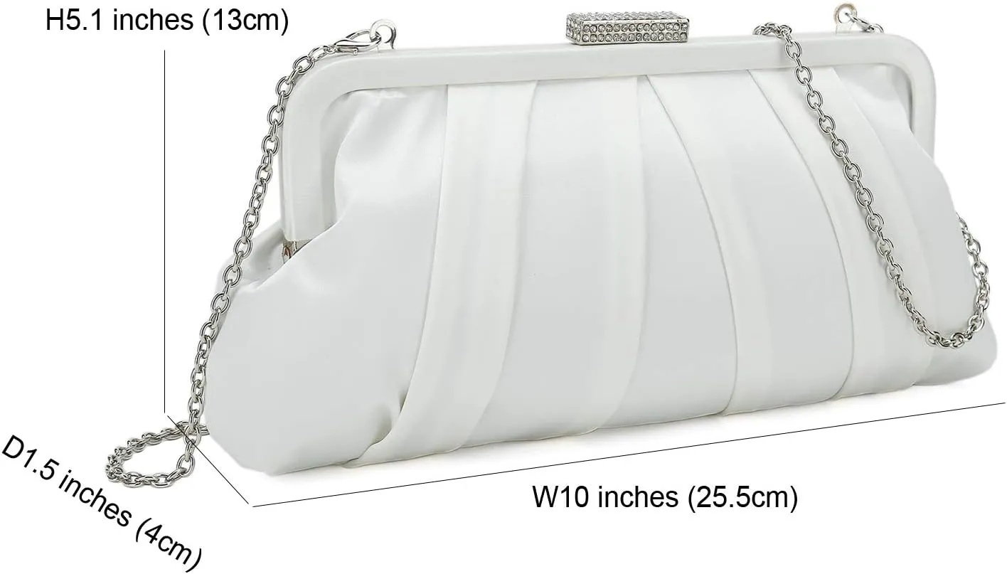 CHARMING TAILOR Classic Pleated Satin Clutch Bag Diamante Embellished Formal Handbag for Wedding/Prom/Black-Tie Events