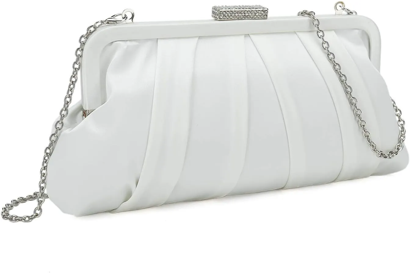 CHARMING TAILOR Classic Pleated Satin Clutch Bag Diamante Embellished Formal Handbag for Wedding/Prom/Black-Tie Events