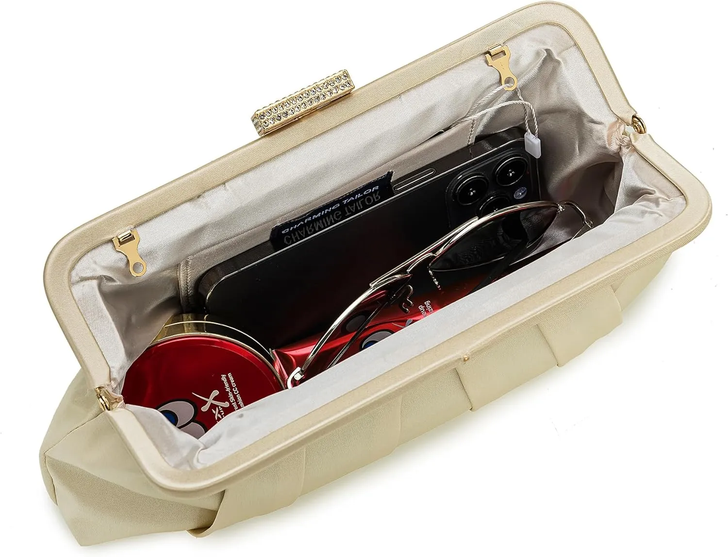 CHARMING TAILOR Classic Pleated Satin Clutch Bag Diamante Embellished Formal Handbag for Wedding/Prom/Black-Tie Events