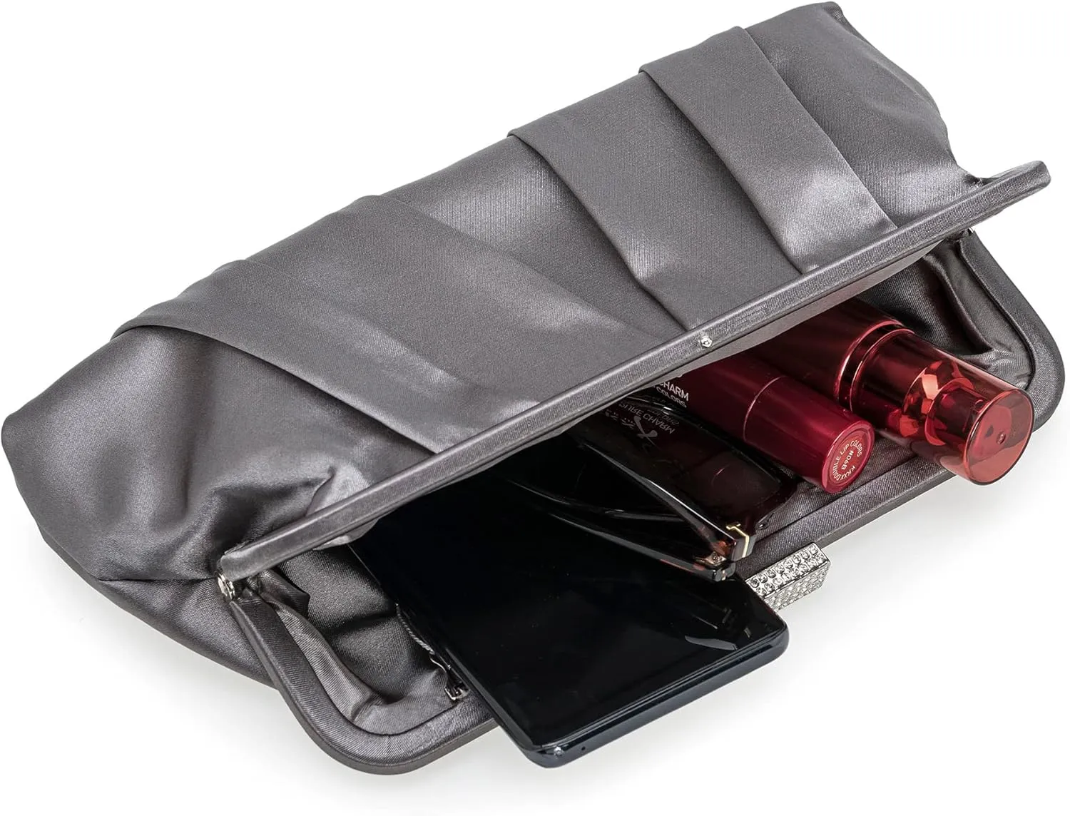 CHARMING TAILOR Classic Pleated Satin Clutch Bag Diamante Embellished Formal Handbag for Wedding/Prom/Black-Tie Events