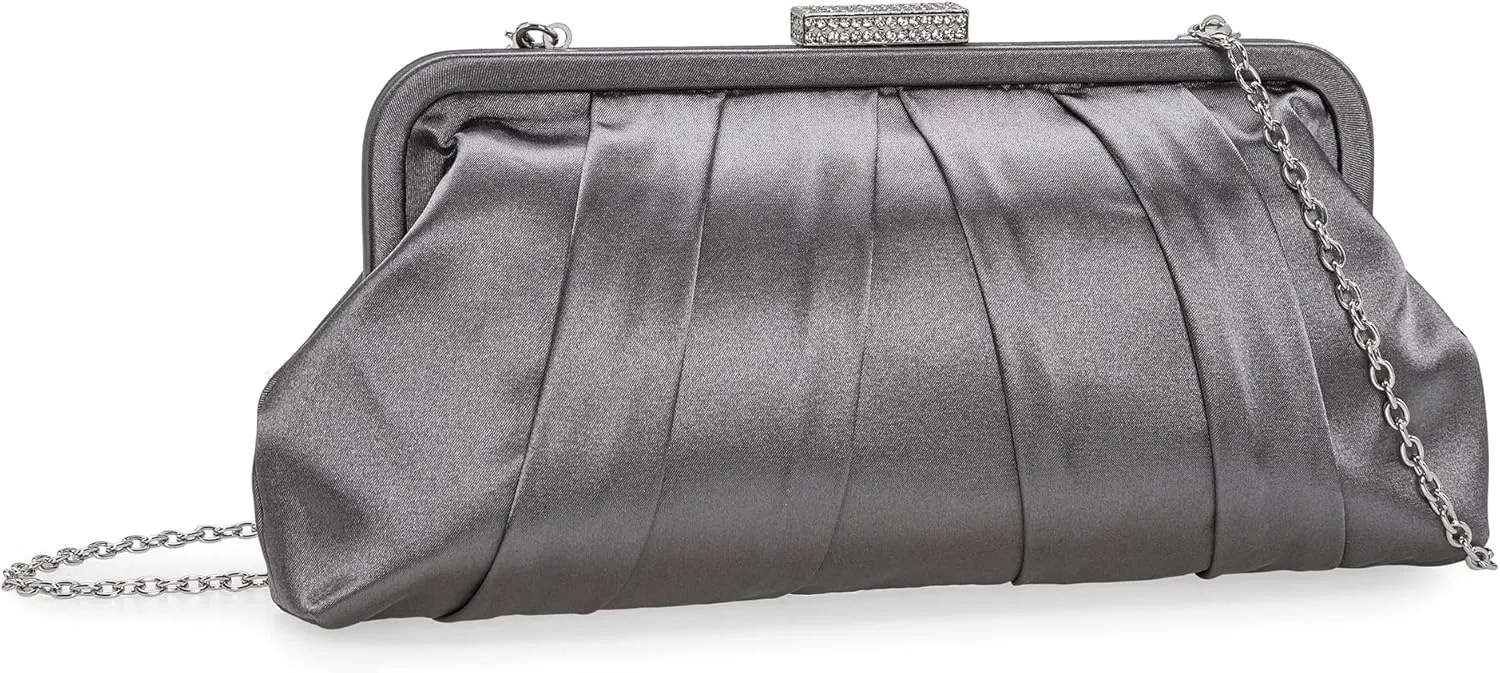 CHARMING TAILOR Classic Pleated Satin Clutch Bag Diamante Embellished Formal Handbag for Wedding/Prom/Black-Tie Events