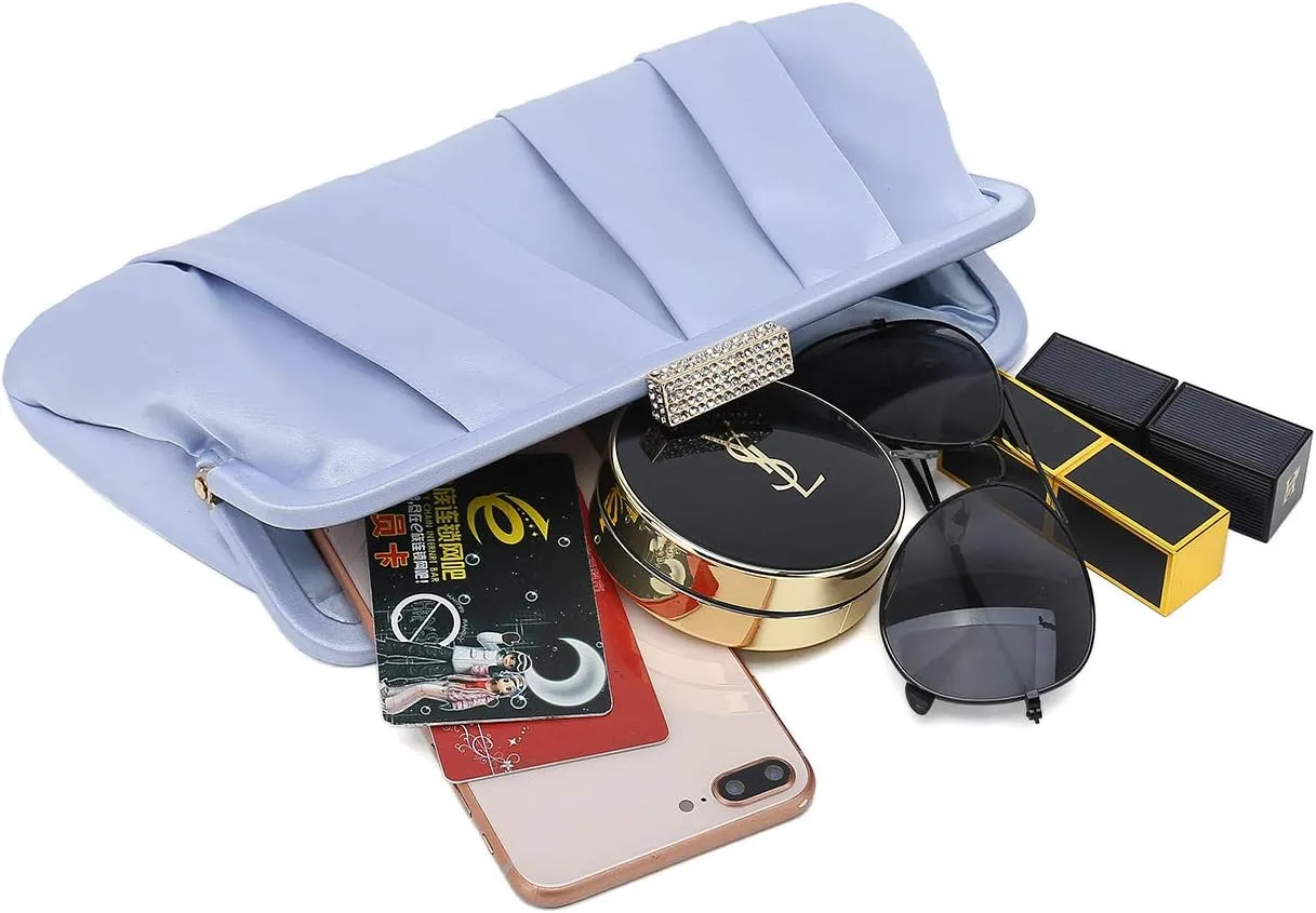 CHARMING TAILOR Classic Pleated Satin Clutch Bag Diamante Embellished Formal Handbag for Wedding/Prom/Black-Tie Events