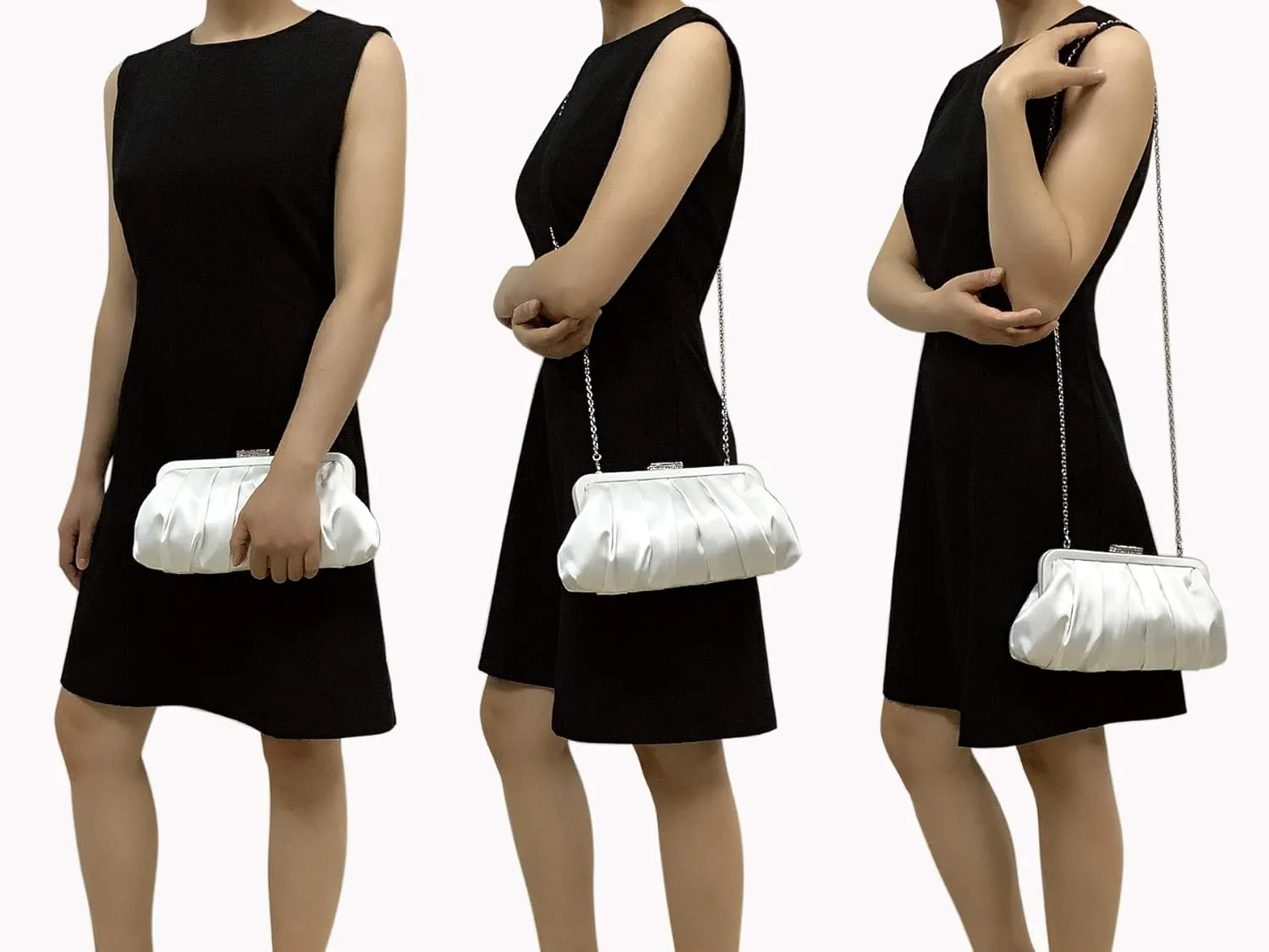 CHARMING TAILOR Classic Pleated Satin Clutch Bag Diamante Embellished Formal Handbag for Wedding/Prom/Black-Tie Events