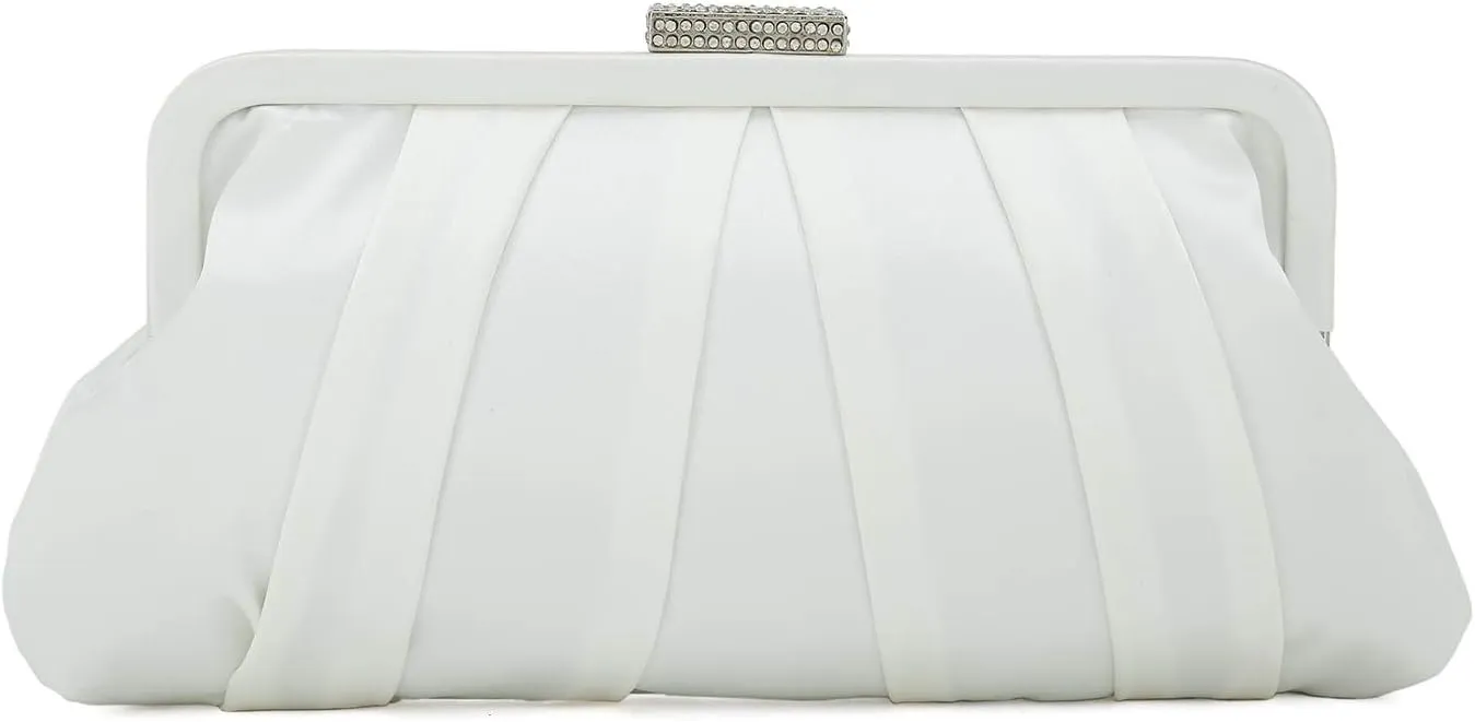 CHARMING TAILOR Classic Pleated Satin Clutch Bag Diamante Embellished Formal Handbag for Wedding/Prom/Black-Tie Events