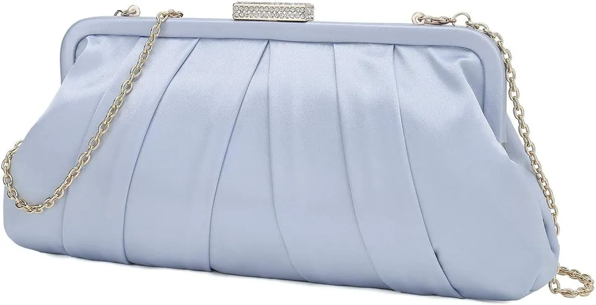 CHARMING TAILOR Classic Pleated Satin Clutch Bag Diamante Embellished Formal Handbag for Wedding/Prom/Black-Tie Events
