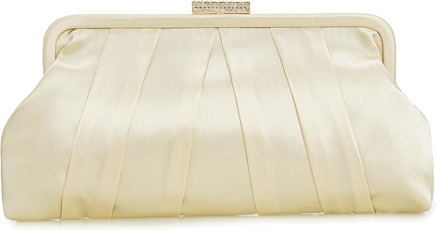 CHARMING TAILOR Classic Pleated Satin Clutch Bag Diamante Embellished Formal Handbag for Wedding/Prom/Black-Tie Events