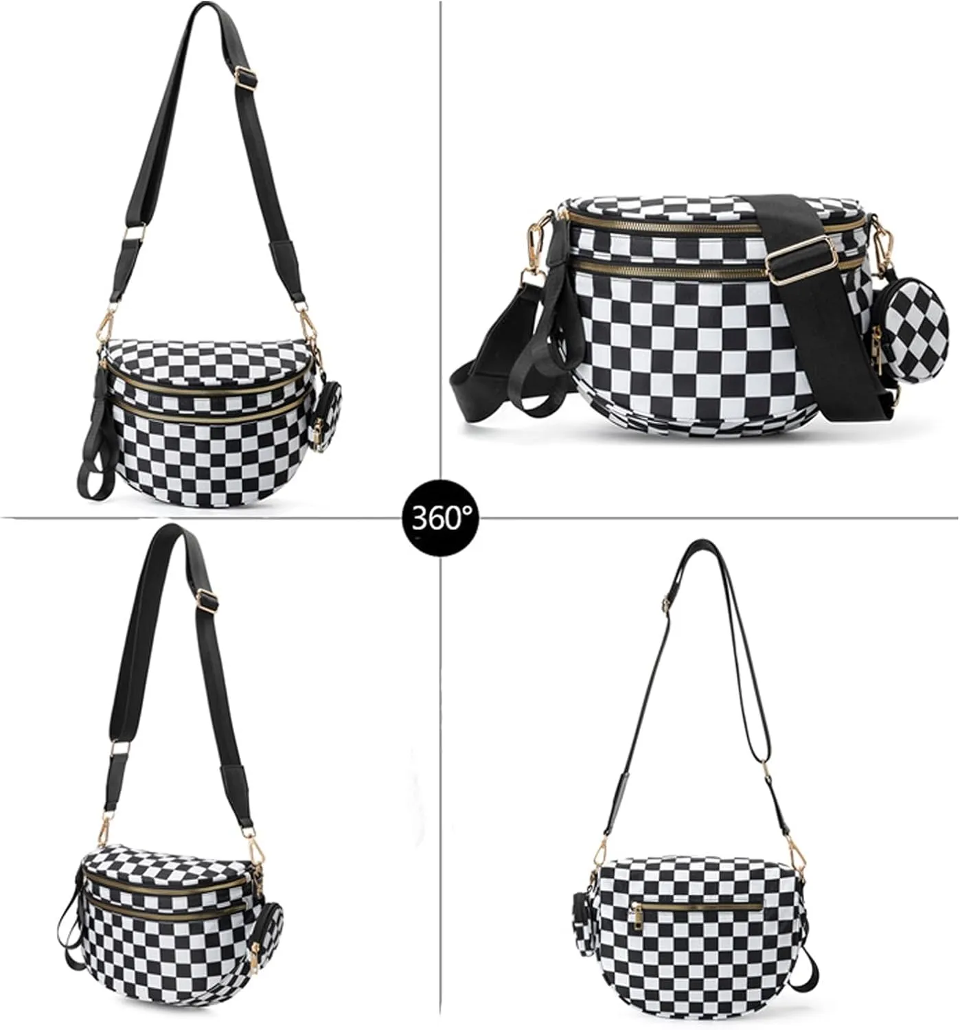 Checkered Bum Bag, Checkered Black and White Crossbody Bag for Women, Belt Bag Fanny Pack witn Adjustable Shoulder Strap (Pink Checkered)