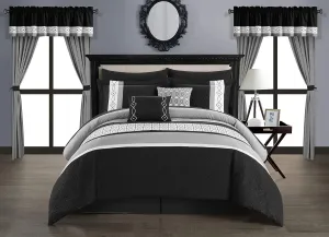 Chic Home Katrin 20 Piece Comforter Color Block Geometric Embroidered Bag Bedding-Sheet Set Pillowcases Window Treatments Decorative Pillows Shams Included, King, Black
