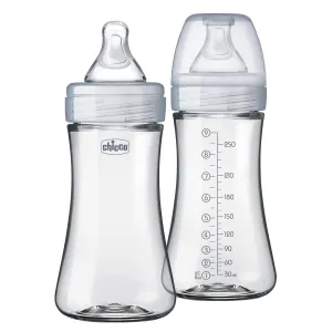 Chicco Duo 9oz. Hybrid Baby Bottle with Invinci-Glass Inside/Plastic Outside with Slow Flow Anti-Colic Nipple - Clear/Grey, count 2 (Pack of 1)