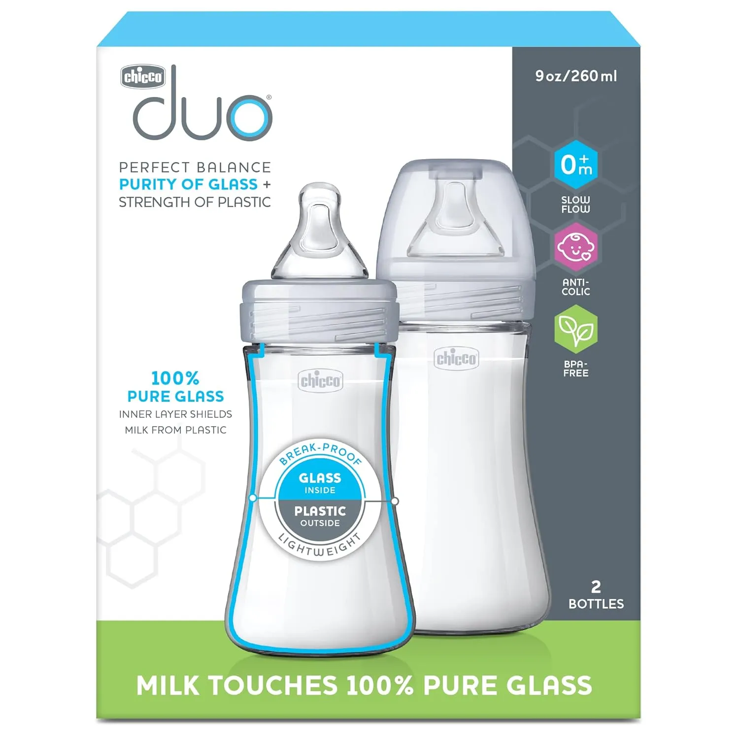 Chicco Duo 9oz. Hybrid Baby Bottle with Invinci-Glass Inside/Plastic Outside with Slow Flow Anti-Colic Nipple - Clear/Grey, count 2 (Pack of 1)