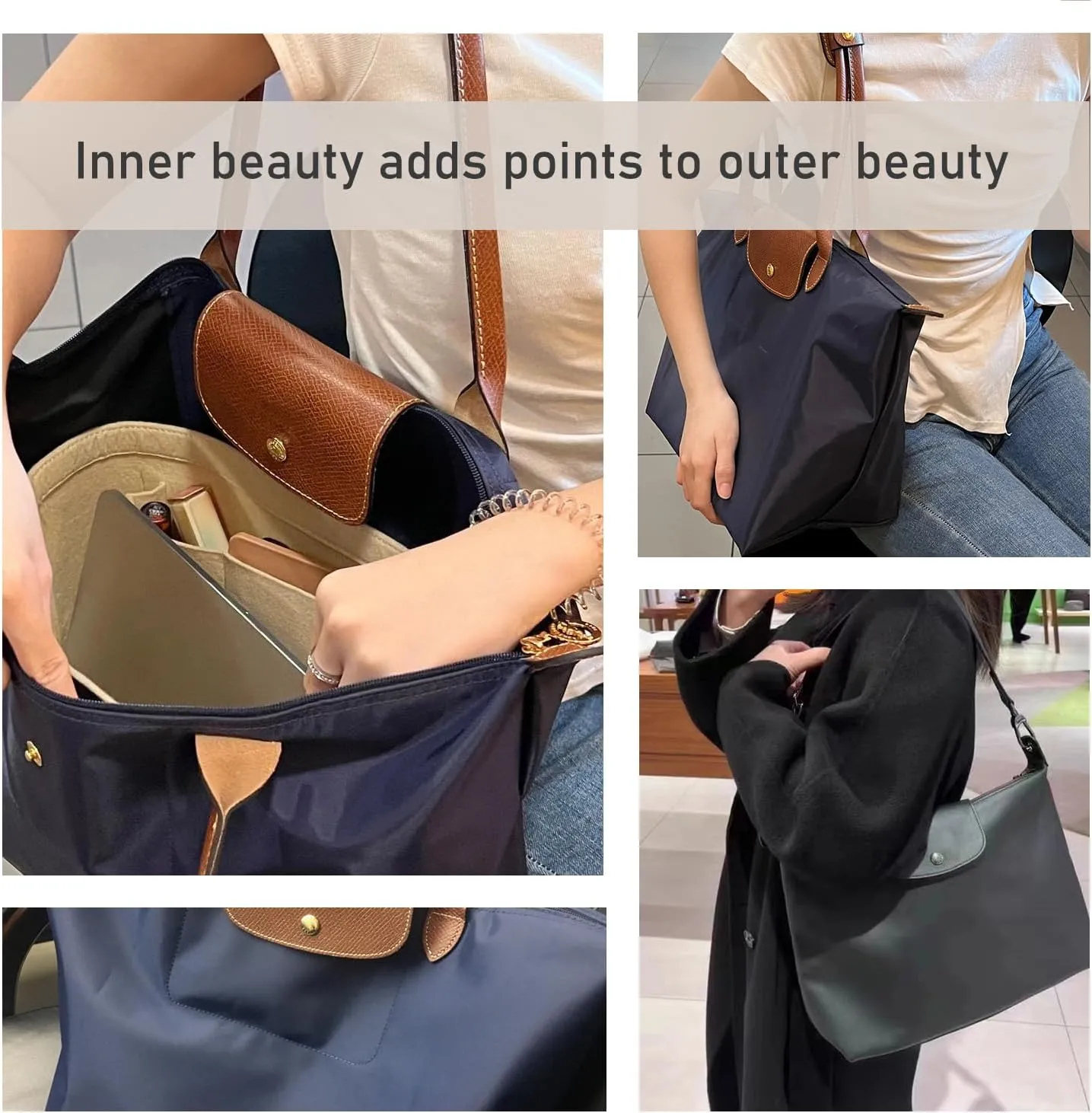 Chispee Felt Purse Organizer Insert Luxury Handbag Organizers for Longchamp Organizer Insert Divider Pocket & Zipper Inner Bag Liner fit Medium, Coral Blue