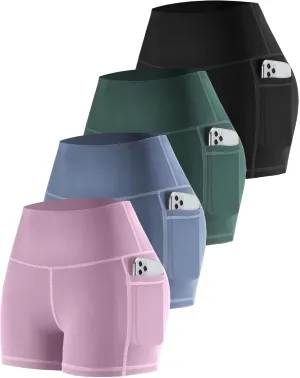 CHRLEISURE Womens Biker Yoga Shorts with Pockets: High Waisted Tummy Control Spandex Workout Athletic Gym Shorts 4 Packs