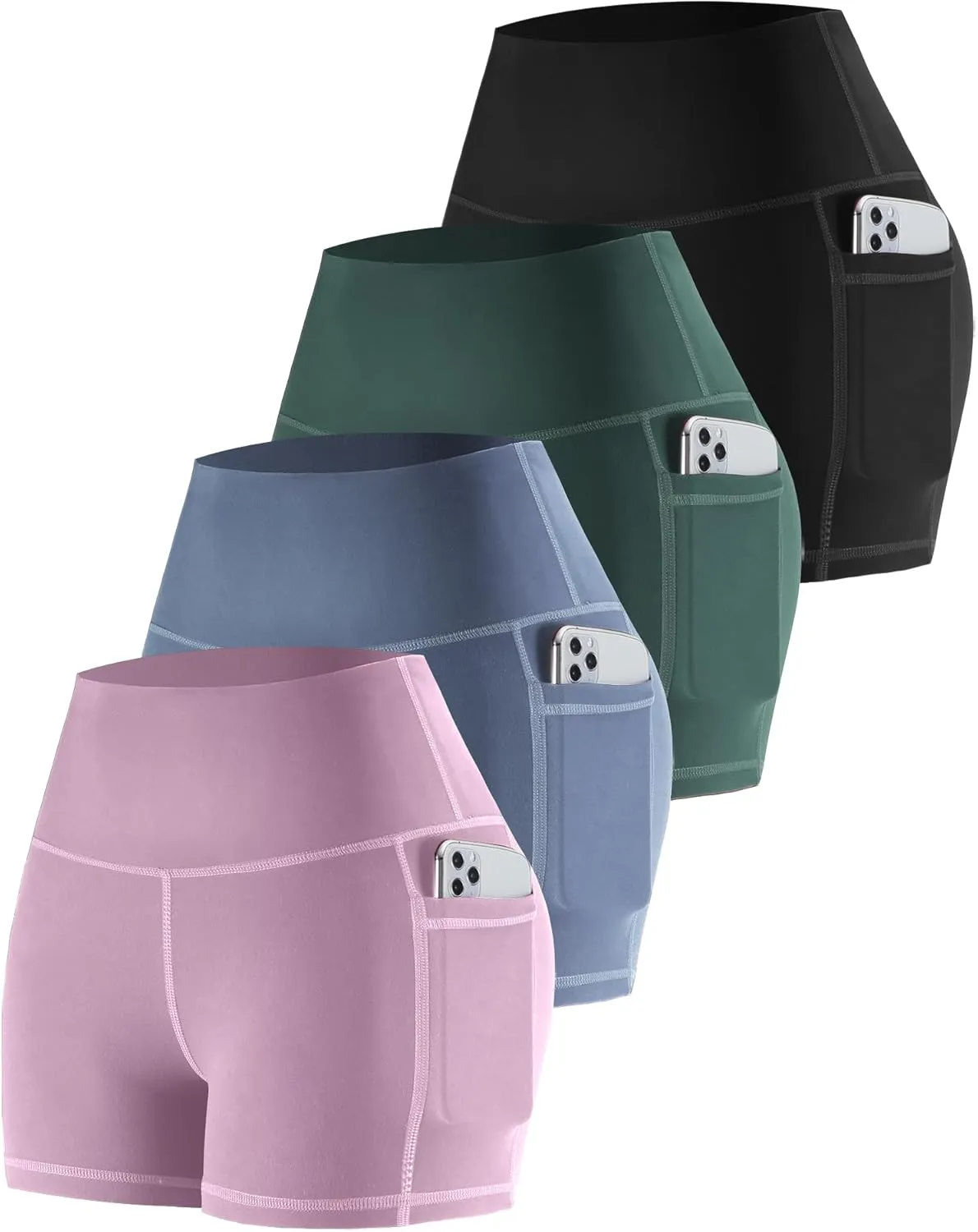 CHRLEISURE Womens Biker Yoga Shorts with Pockets: High Waisted Tummy Control Spandex Workout Athletic Gym Shorts 4 Packs