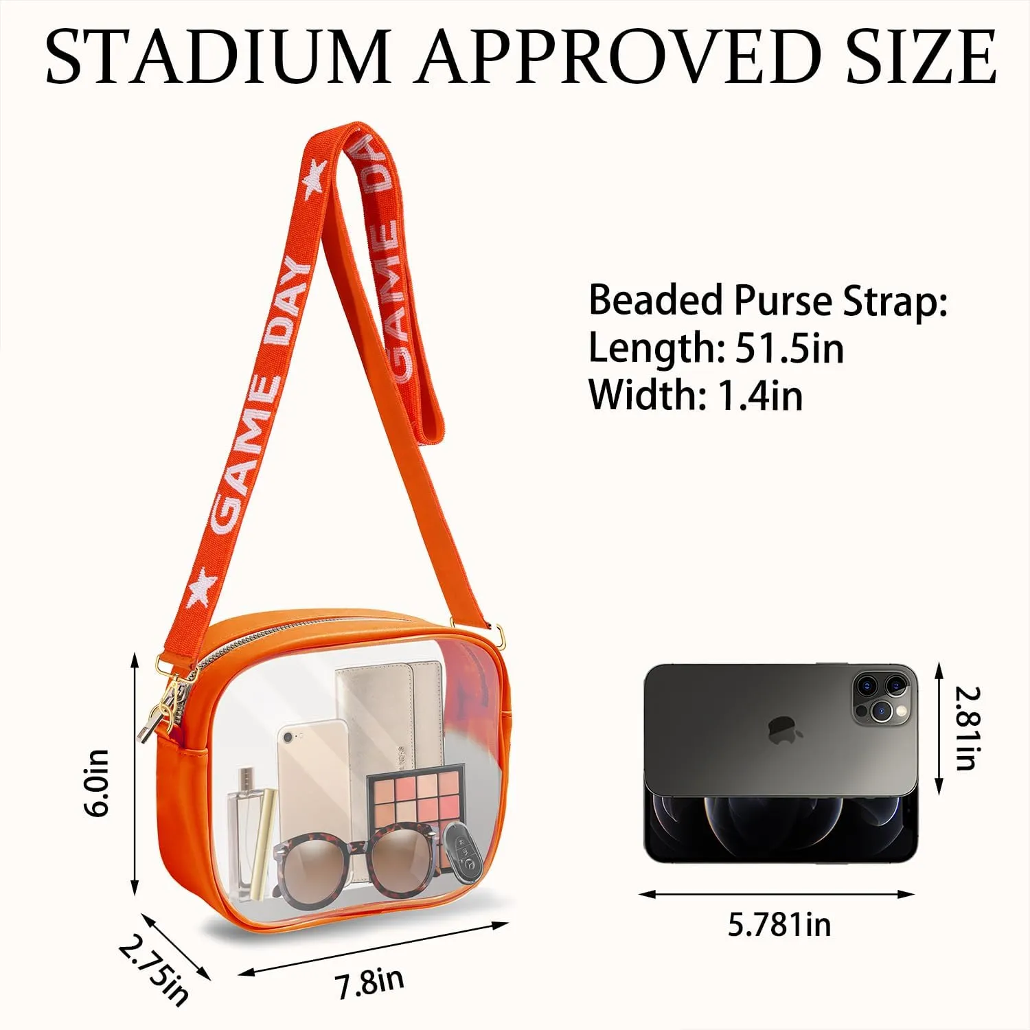 Clear Bag for Stadium Events with Game Day Beaded Purse Strap Stadium Approved Clear Crossbody Bag for Concerts Sports Events