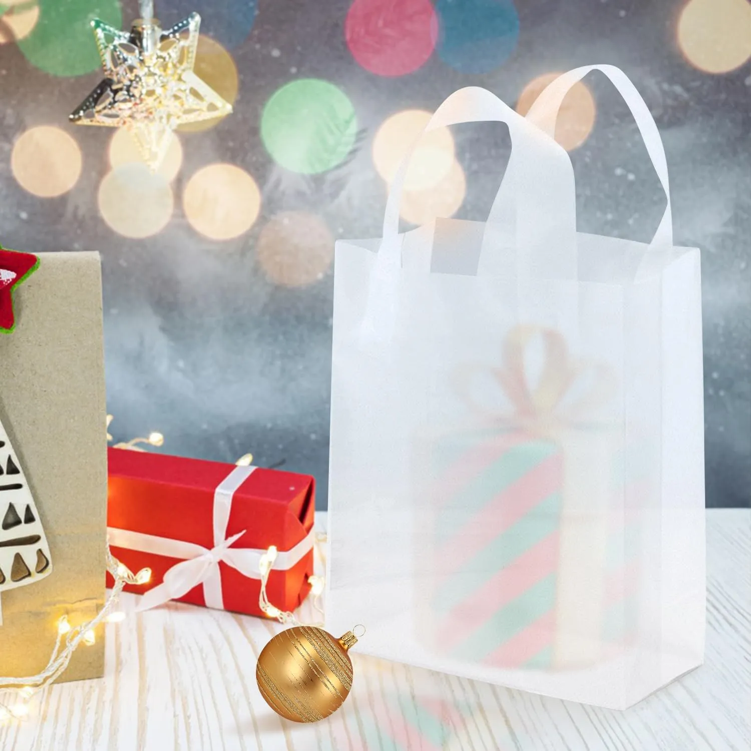 Clear Gift Bags with Handles, Shopping Bags for Small Business, (50, 9.5x4x10-Inch)