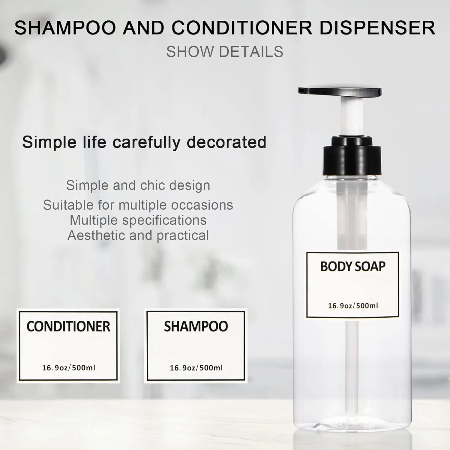 Clear Shampoo and Conditioner Bottles,Yeeco Shampoo Pump Bottle Shampoo Bottles Dispenser with Waterproof Labels 16.9oz/500ml 3 Pack for Shampoo and Conditioner，Bathroom, Kitchen, Hotel
