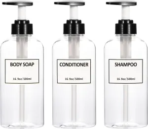 Clear Shampoo and Conditioner Bottles,Yeeco Shampoo Pump Bottle Shampoo Bottles Dispenser with Waterproof Labels 16.9oz/500ml 3 Pack for Shampoo and Conditioner，Bathroom, Kitchen, Hotel