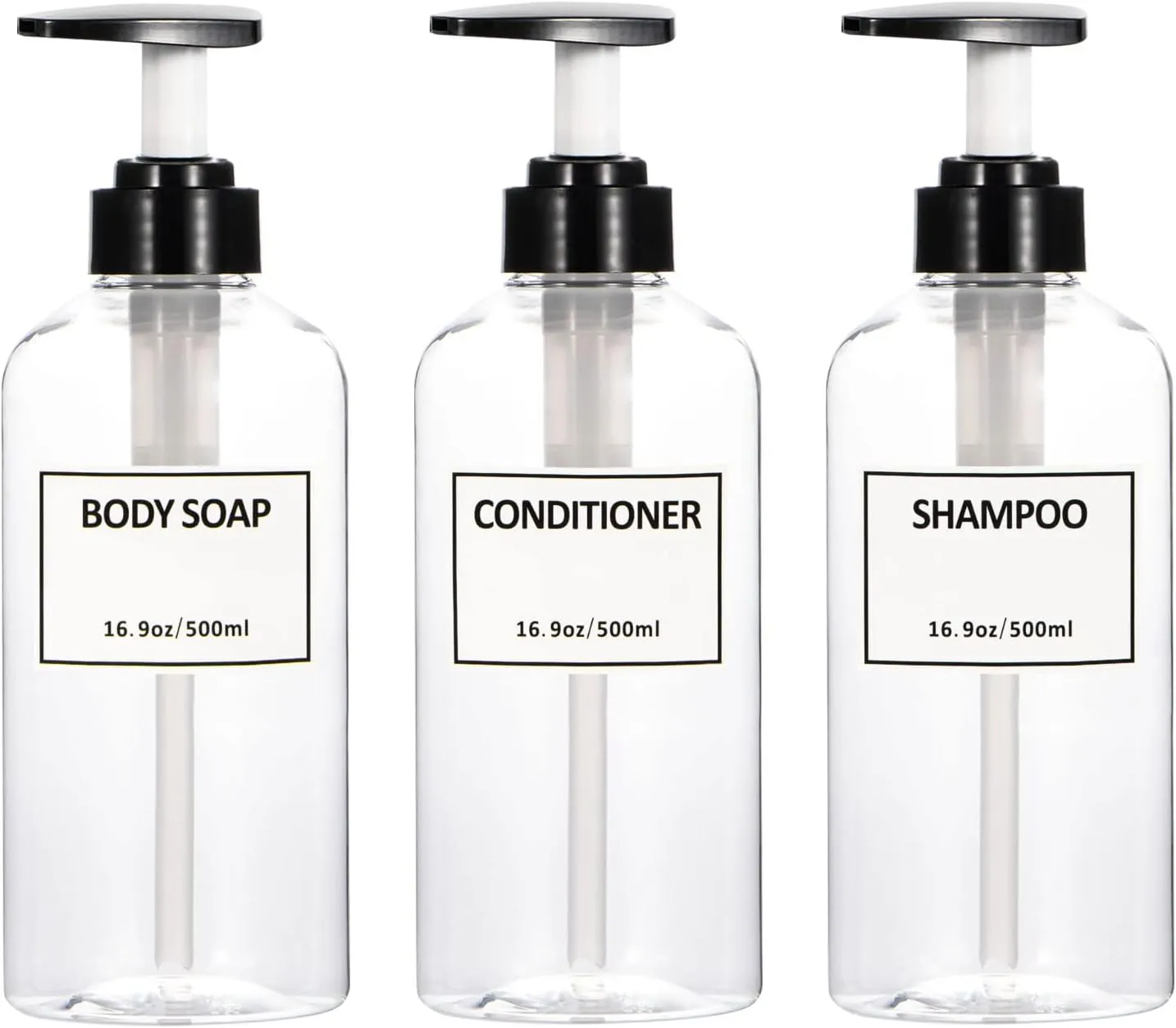 Clear Shampoo and Conditioner Bottles,Yeeco Shampoo Pump Bottle Shampoo Bottles Dispenser with Waterproof Labels 16.9oz/500ml 3 Pack for Shampoo and Conditioner，Bathroom, Kitchen, Hotel