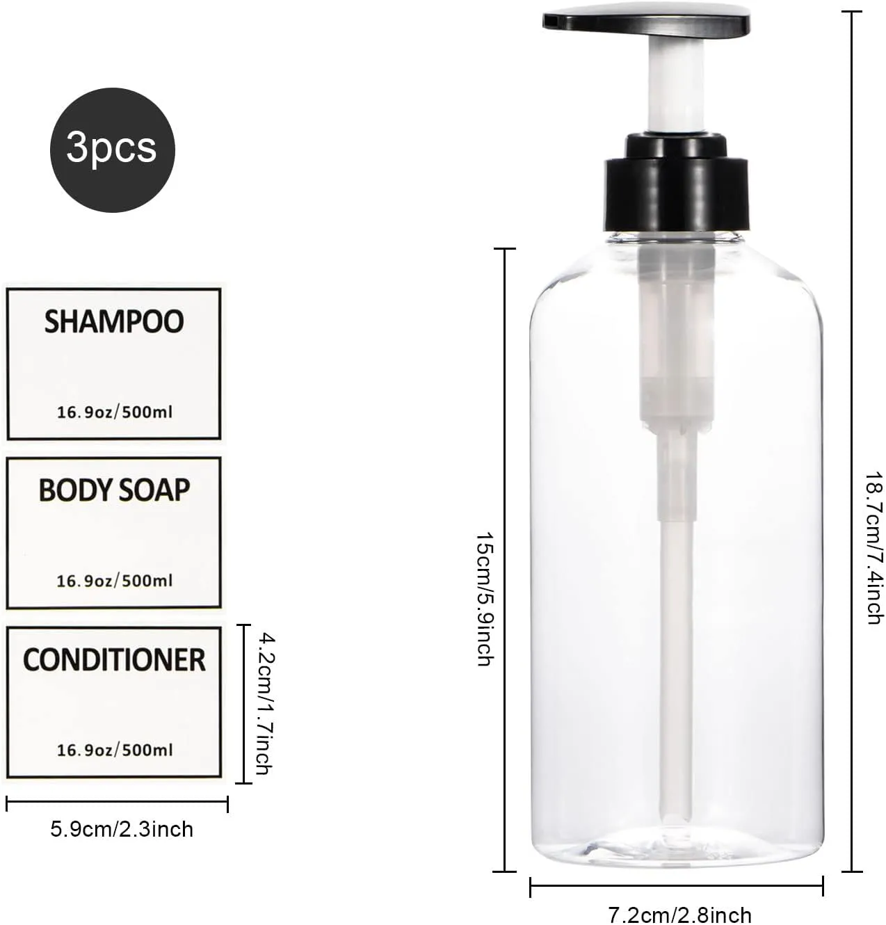 Clear Shampoo and Conditioner Bottles,Yeeco Shampoo Pump Bottle Shampoo Bottles Dispenser with Waterproof Labels 16.9oz/500ml 3 Pack for Shampoo and Conditioner，Bathroom, Kitchen, Hotel