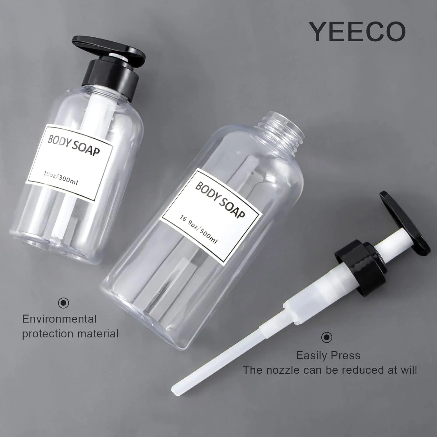 Clear Shampoo and Conditioner Bottles,Yeeco Shampoo Pump Bottle Shampoo Bottles Dispenser with Waterproof Labels 16.9oz/500ml 3 Pack for Shampoo and Conditioner，Bathroom, Kitchen, Hotel