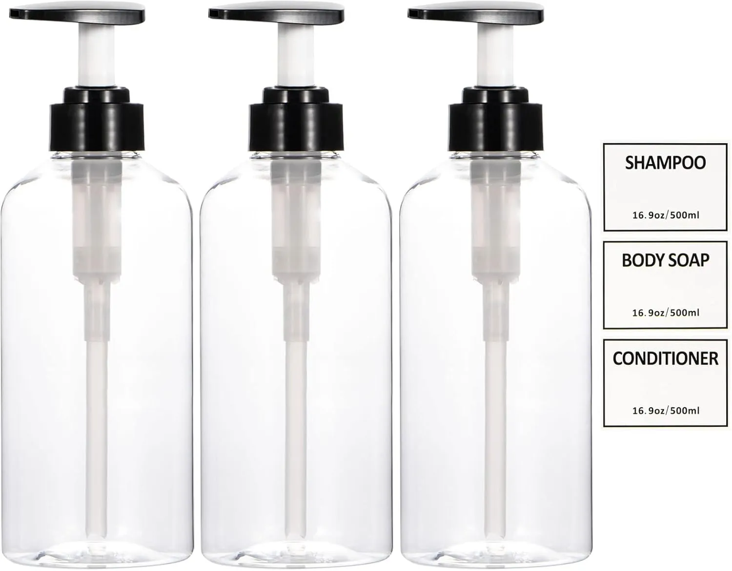 Clear Shampoo and Conditioner Bottles,Yeeco Shampoo Pump Bottle Shampoo Bottles Dispenser with Waterproof Labels 16.9oz/500ml 3 Pack for Shampoo and Conditioner，Bathroom, Kitchen, Hotel
