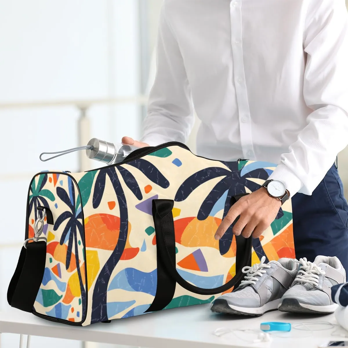 Coconut Tree Travel Duffle Bag for Women Men Gym Duffel Foldable Bag Waterproof Weekender Abstract Geometric Duffle Tote