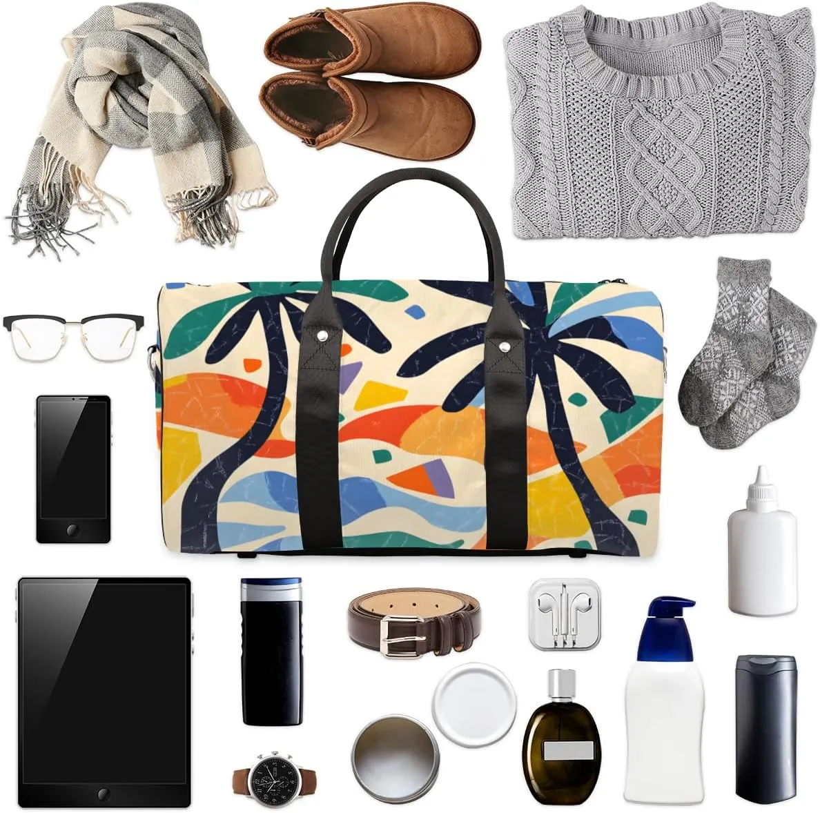Coconut Tree Travel Duffle Bag for Women Men Gym Duffel Foldable Bag Waterproof Weekender Abstract Geometric Duffle Tote