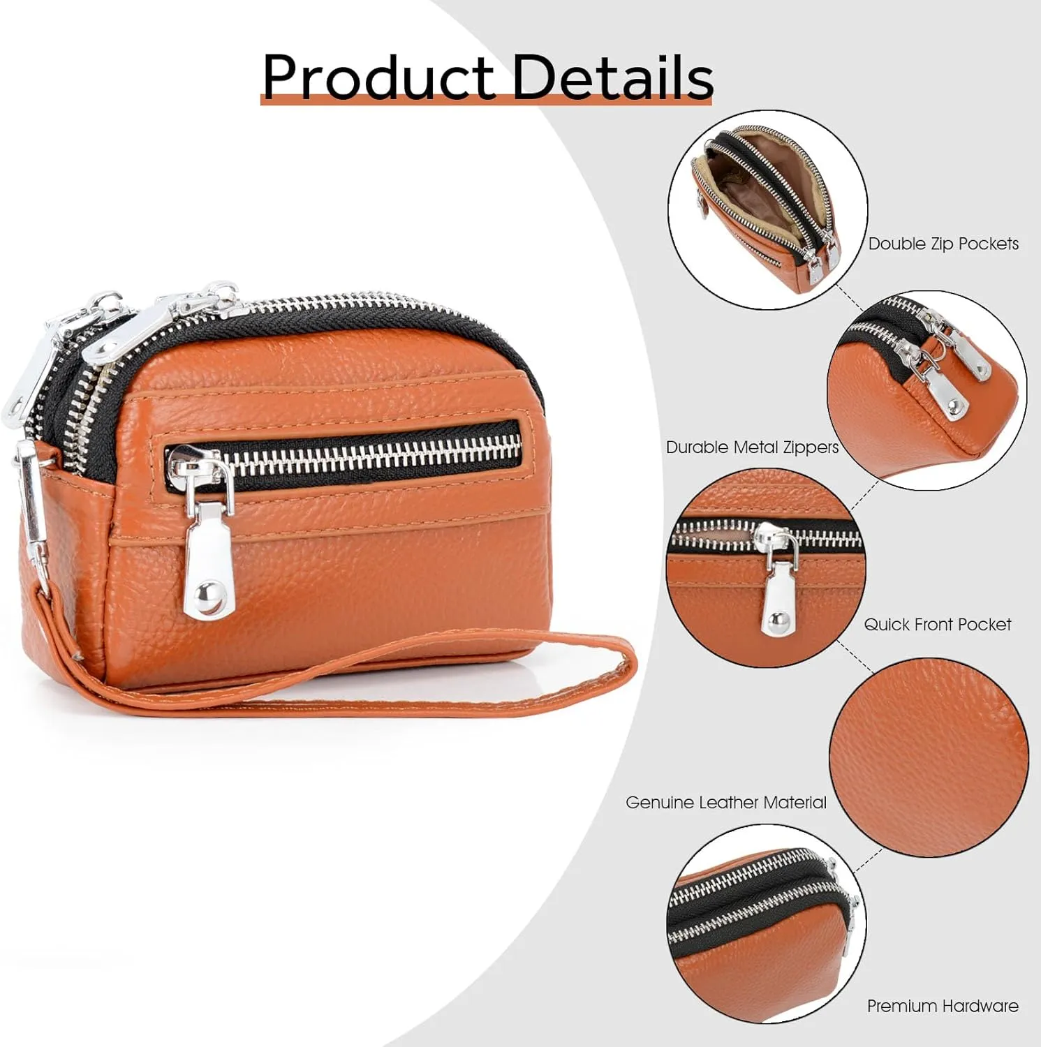 Coin Purse for Women Genuine Leather Small Triple Zipper Coin Wallet Pouch with Removable Wristlet Strap