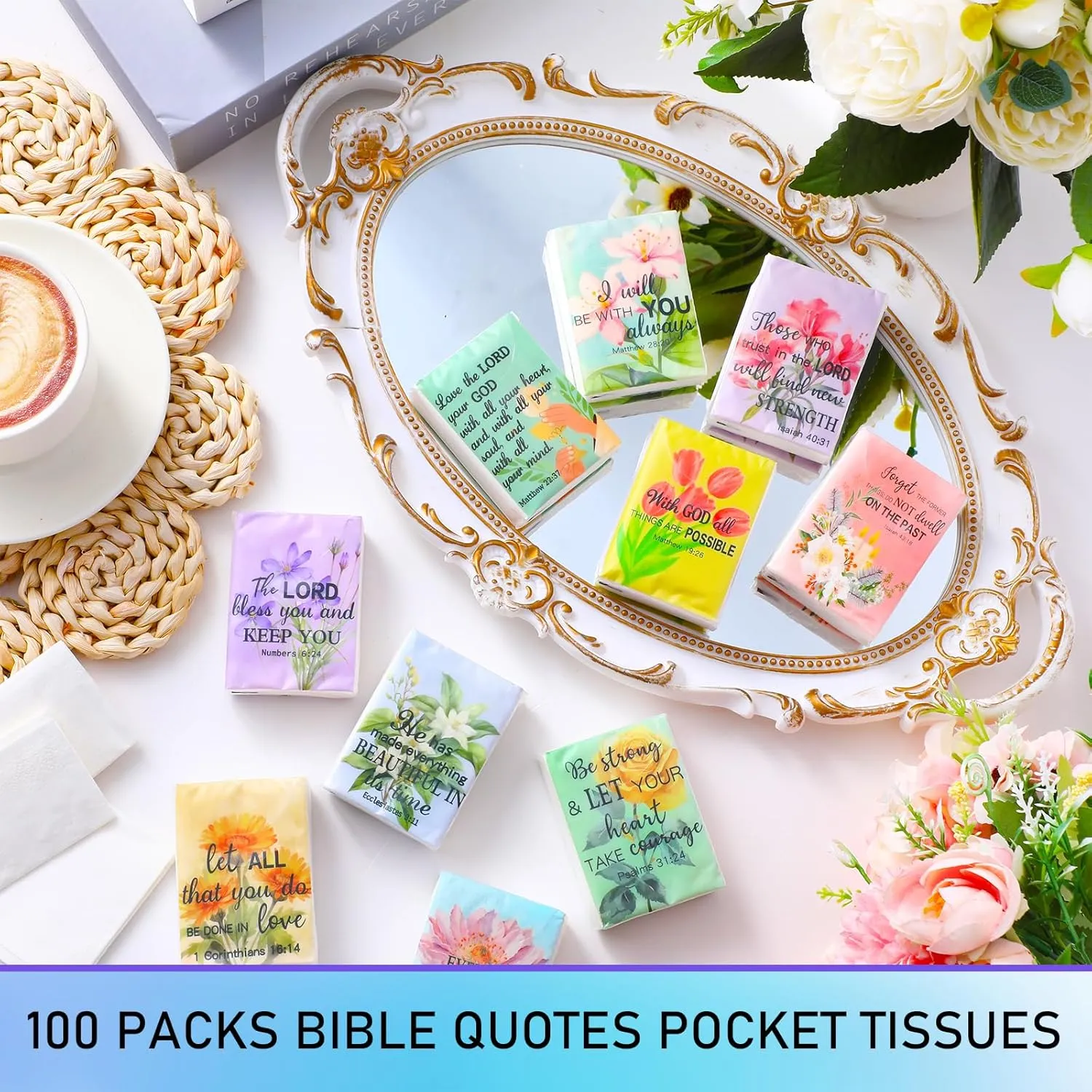Colarr 100 Pcs Christian and Appreciation Pocket Tissues Travel Packs Gifts Bulk 3 Ply Facial Tissues Individual Pack with Motivational Quotes for Wedding Church(Bible Floral)