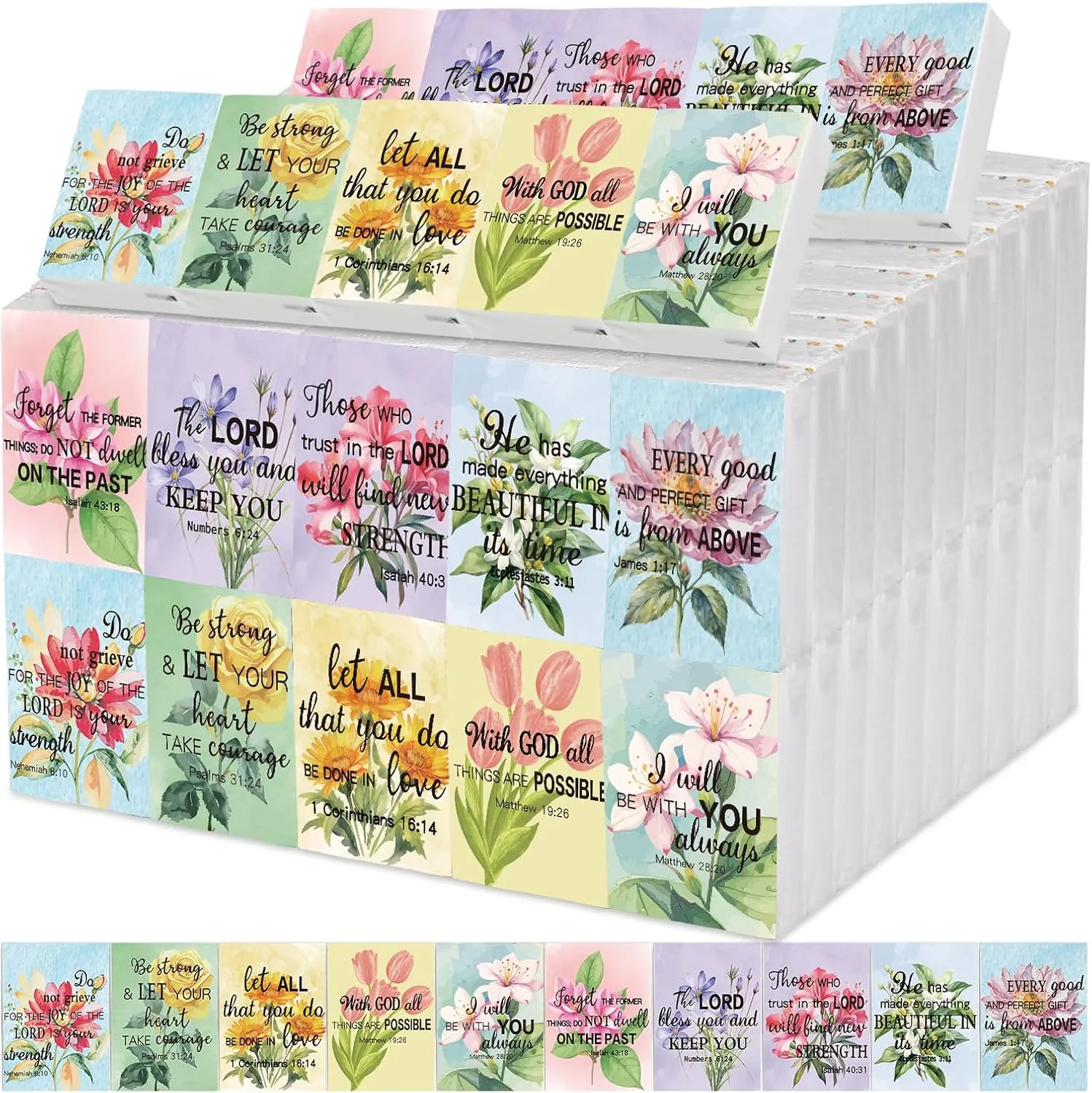 Colarr 100 Pcs Christian and Appreciation Pocket Tissues Travel Packs Gifts Bulk 3 Ply Facial Tissues Individual Pack with Motivational Quotes for Wedding Church(Bible Floral)