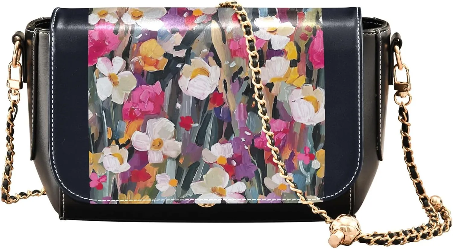 Colorful Flower Vivid Print Crossbody Purses for Women Black Shoulder Leather Bags Wallet Handbags with Chain Strap