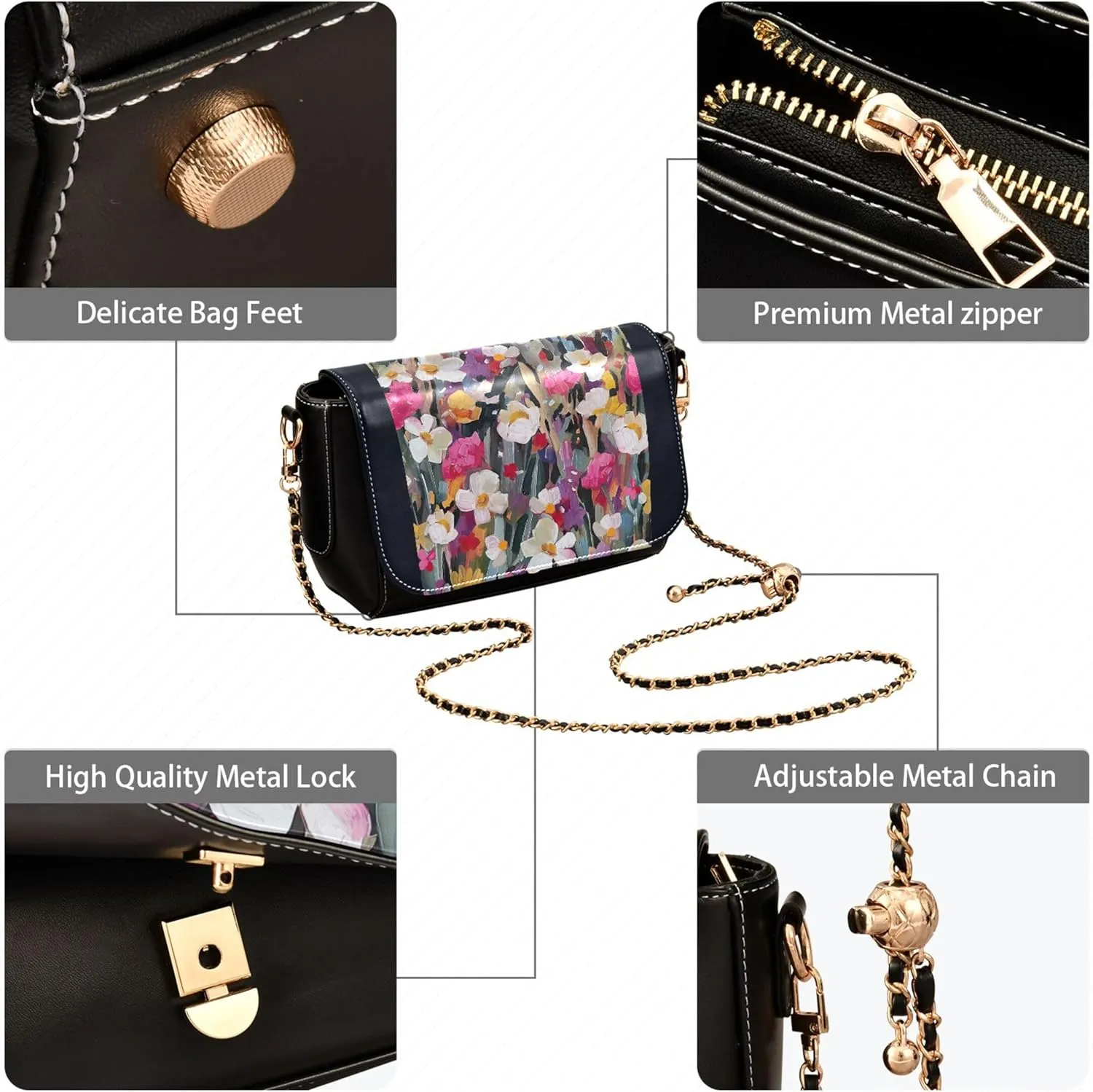 Colorful Flower Vivid Print Crossbody Purses for Women Black Shoulder Leather Bags Wallet Handbags with Chain Strap