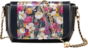 Colorful Flower Vivid Print Crossbody Purses for Women Black Shoulder Leather Bags Wallet Handbags with Chain Strap