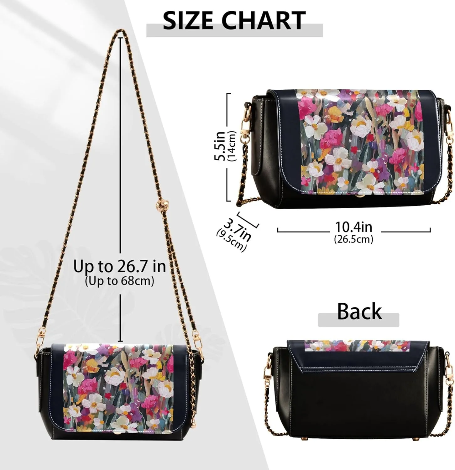 Colorful Flower Vivid Print Crossbody Purses for Women Black Shoulder Leather Bags Wallet Handbags with Chain Strap