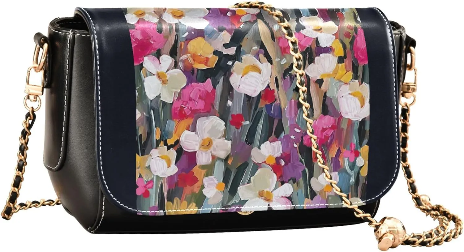 Colorful Flower Vivid Print Crossbody Purses for Women Black Shoulder Leather Bags Wallet Handbags with Chain Strap