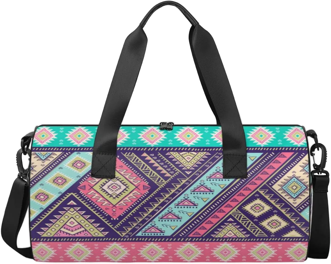 Colorful Geometric Aztec Pictures Sports Duffel Bag, Gym Tote Bag Waterproof Weekender Travel Bag for Overnight Travel Luggage Workout Women Men