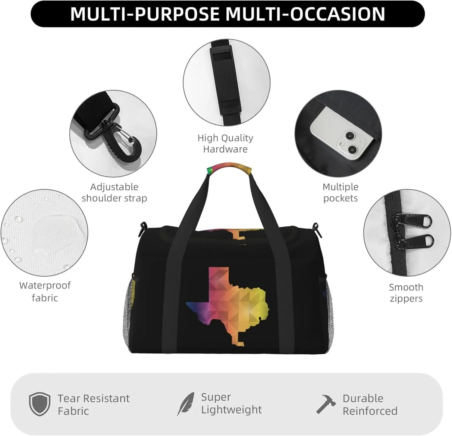 Colorful Geometric Texas Map Travel Duffel Bag Large Foldable Waterproof Overnight Bag For Beach Swim Bags Pool Sports Gym