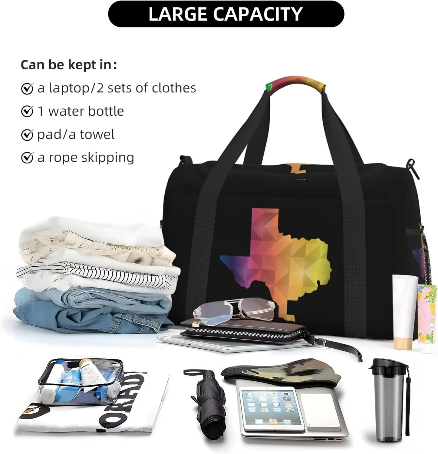 Colorful Geometric Texas Map Travel Duffel Bag Large Foldable Waterproof Overnight Bag For Beach Swim Bags Pool Sports Gym